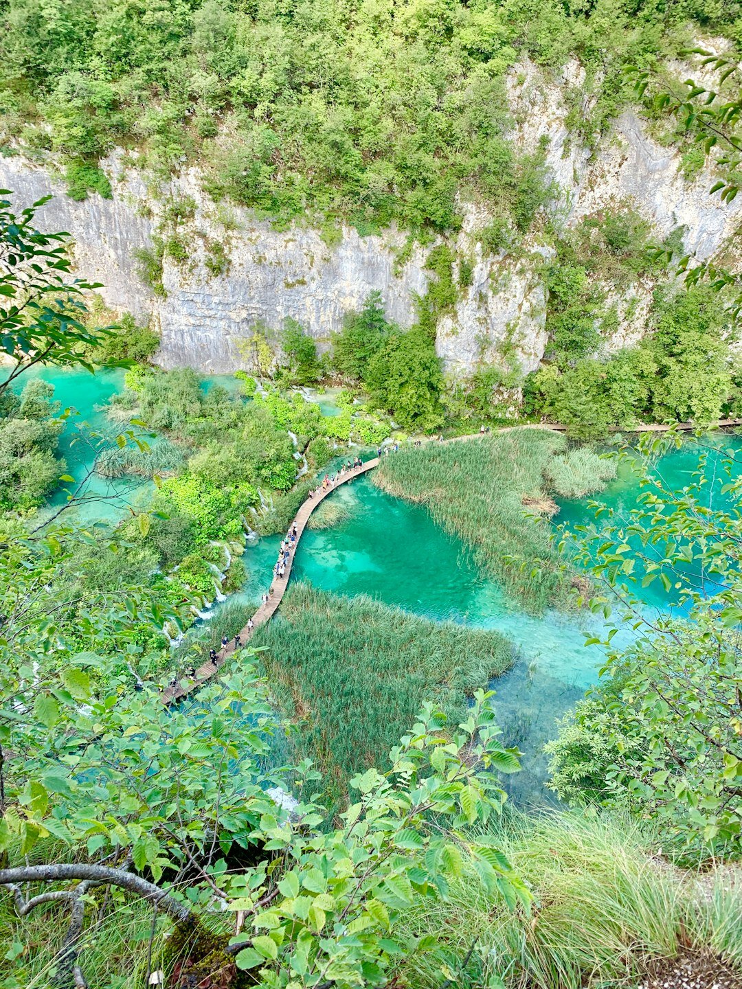 Wooden boardwalk winding along turquoise pools at Plitvice Lakes National Park